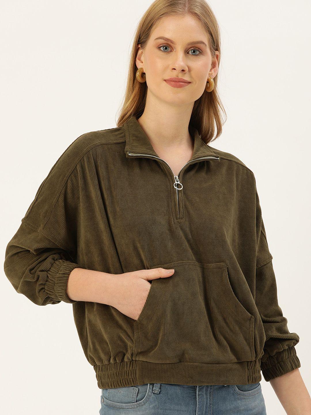 and women olive green self-striped corduroy sweatshirt