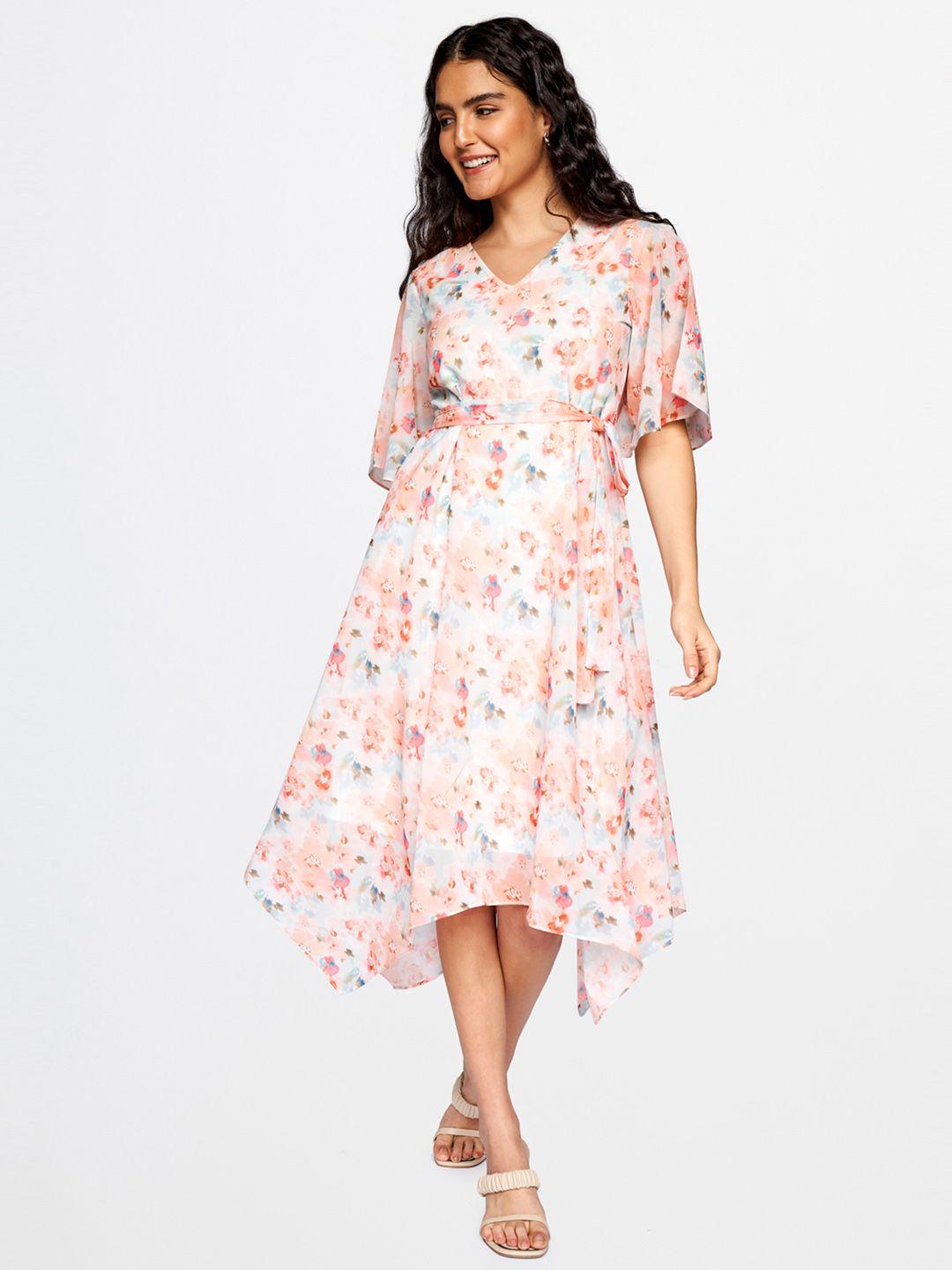 and women peach & blue floral printed v-neck a-line dress with a belt