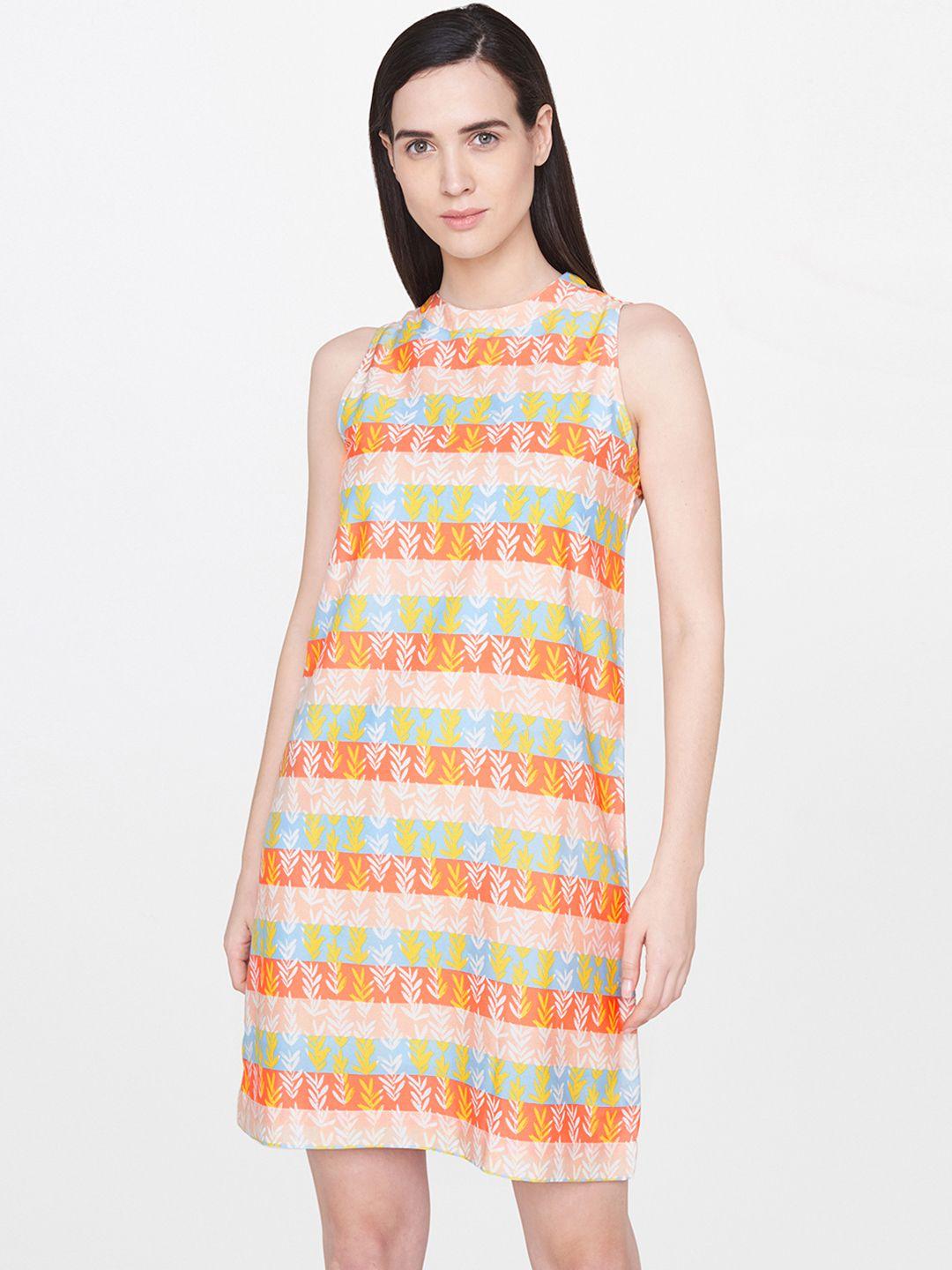 and women peach-coloured & beige printed a-line dress