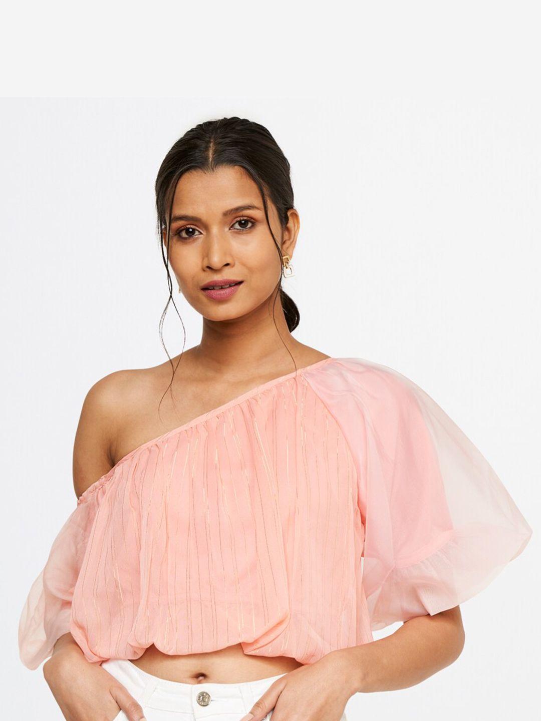 and women peach-coloured one-shoulder bardot top