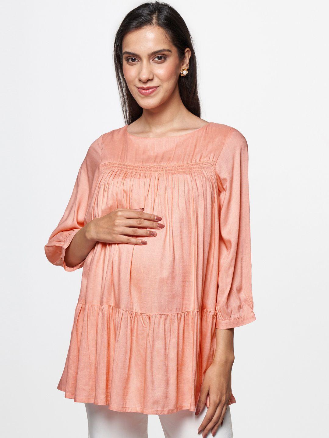 and women peach-coloured solid gathered a-line maternity top