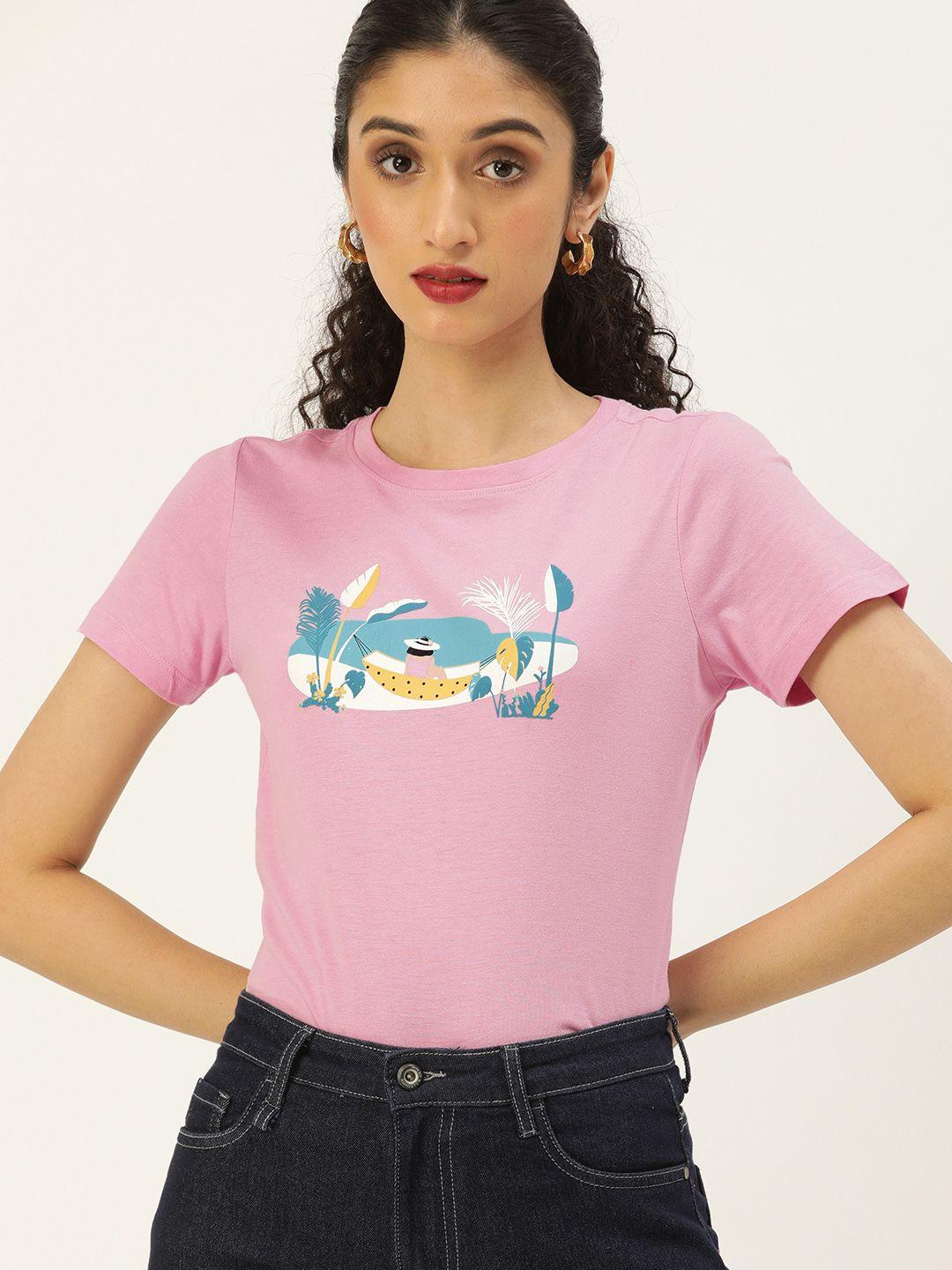 and women pink & blue printed round neck tshirts