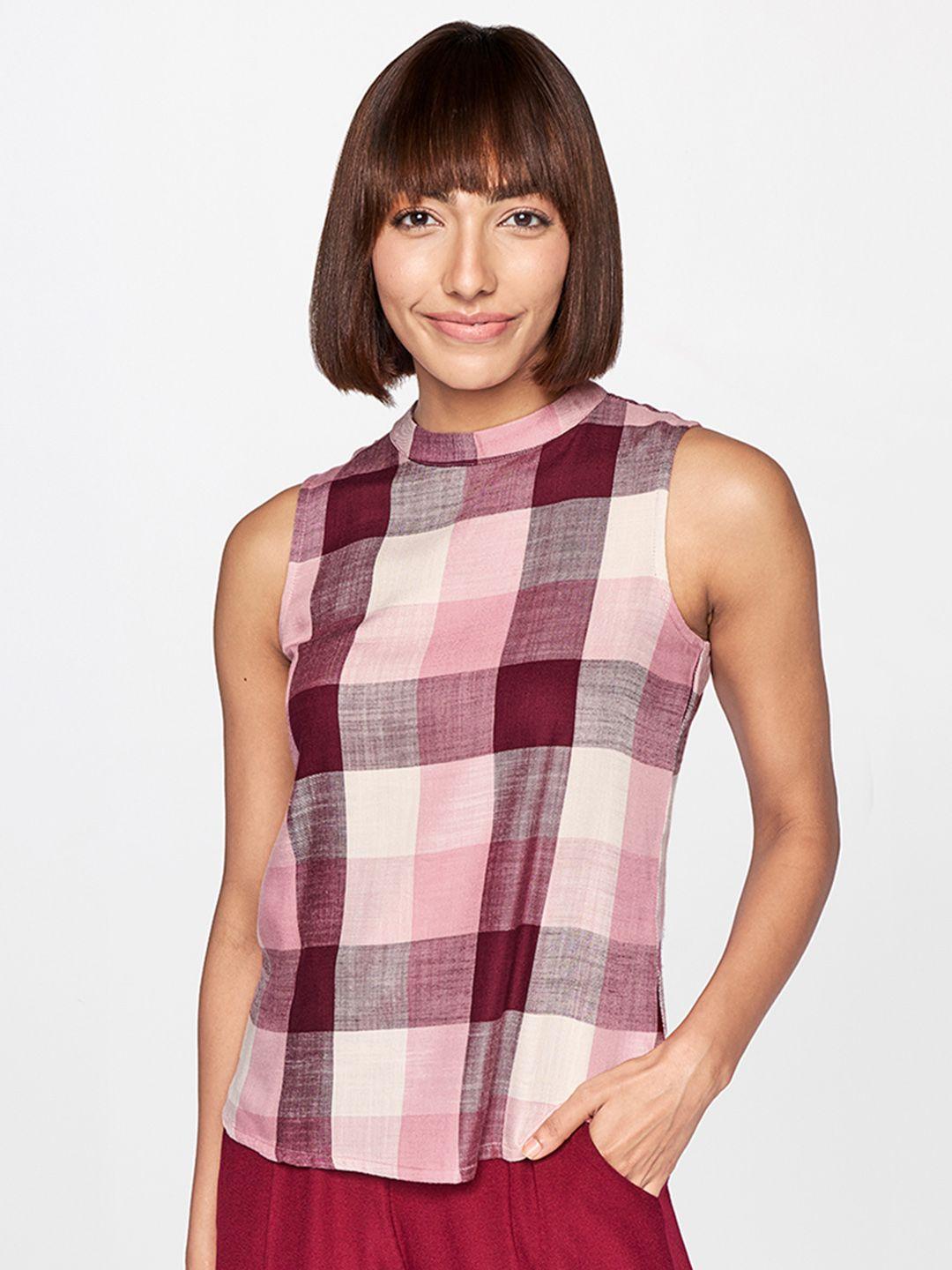 and women pink & burgundy checked high neck top