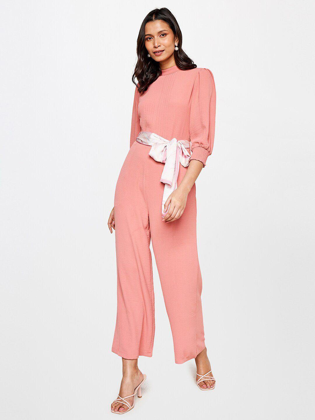 and women pink basic jumpsuit with belt