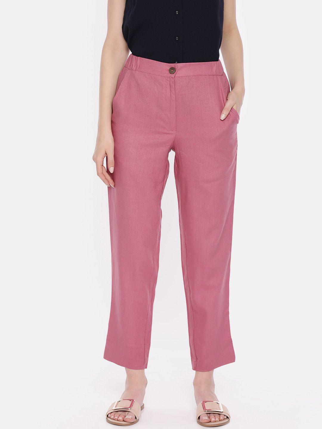 and women pink regular fit solid trousers