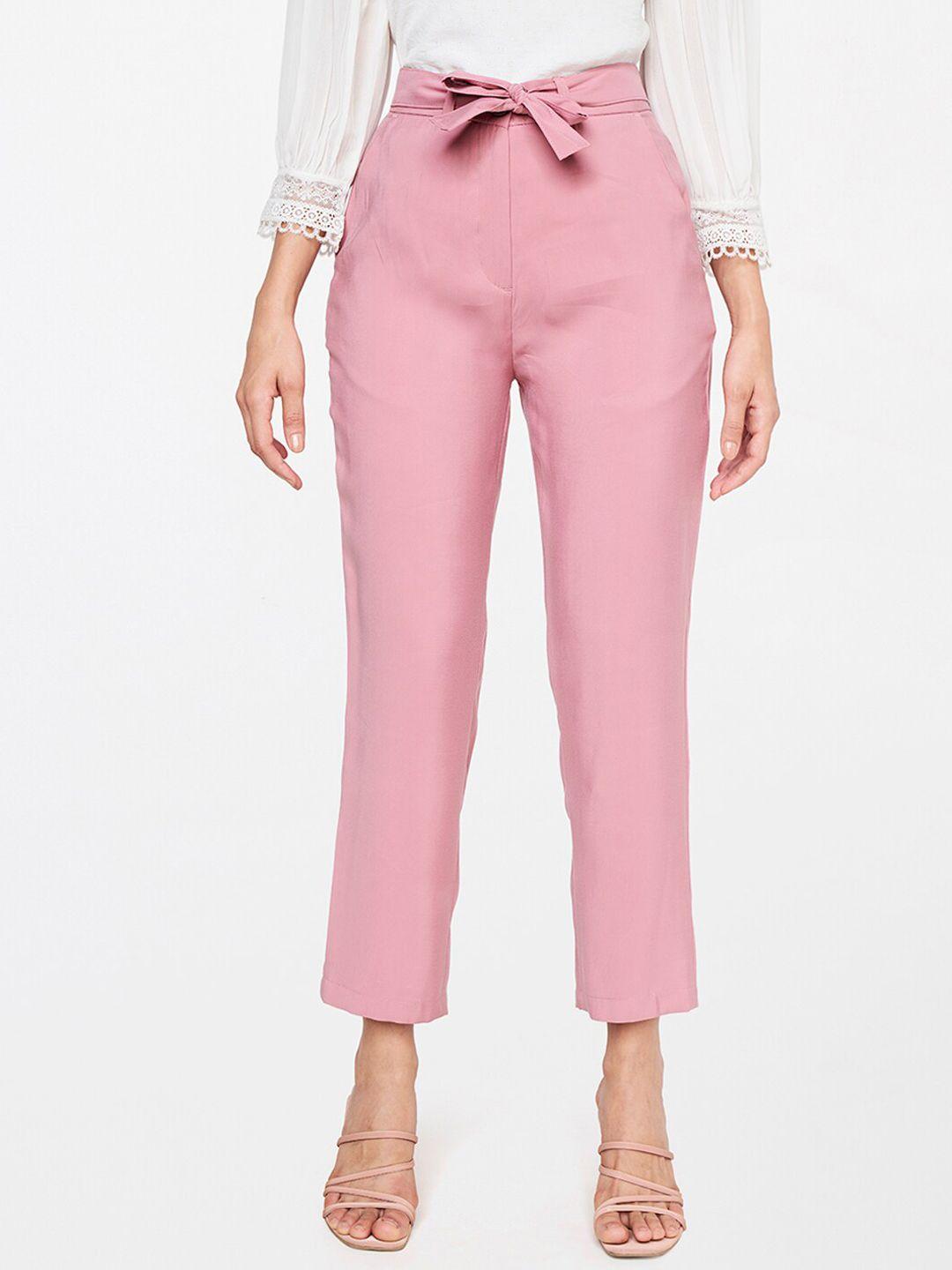 and women pink straight fit trousers