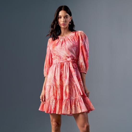 and women printed belted fit & flare dress