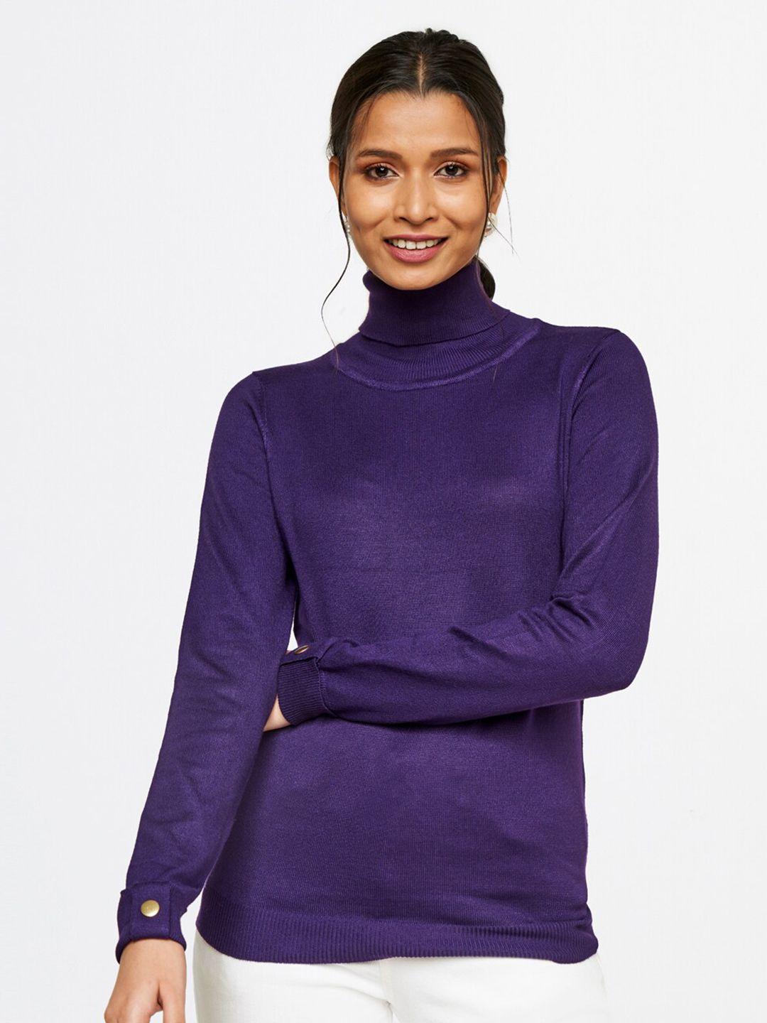 and women purple solid high neck top