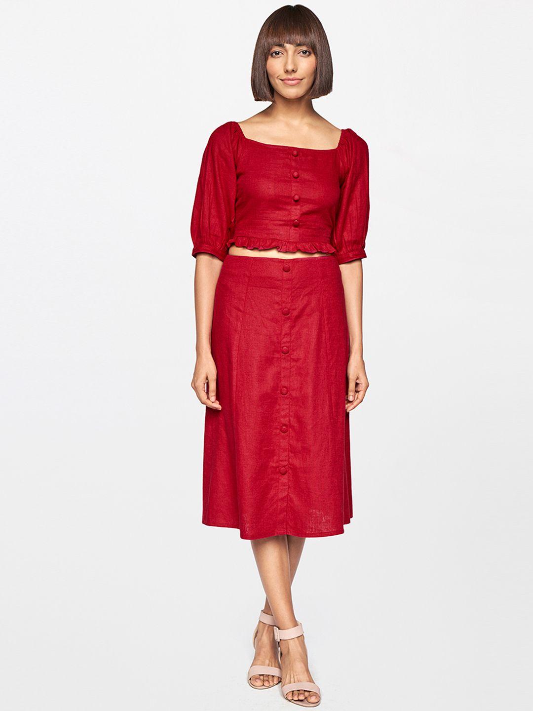 and women red linen two-piece jumpsuit
