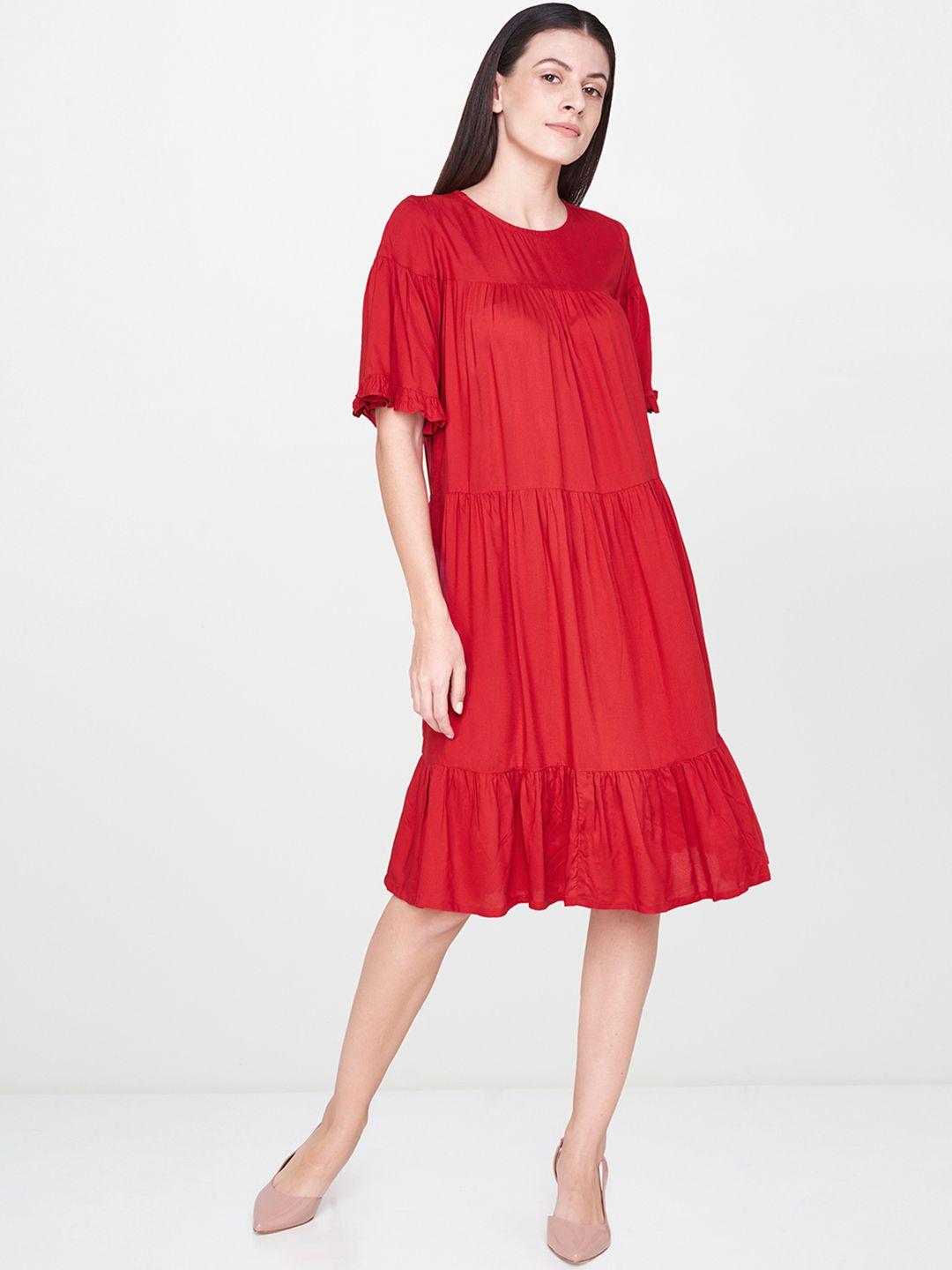 and women red solid a-line dress