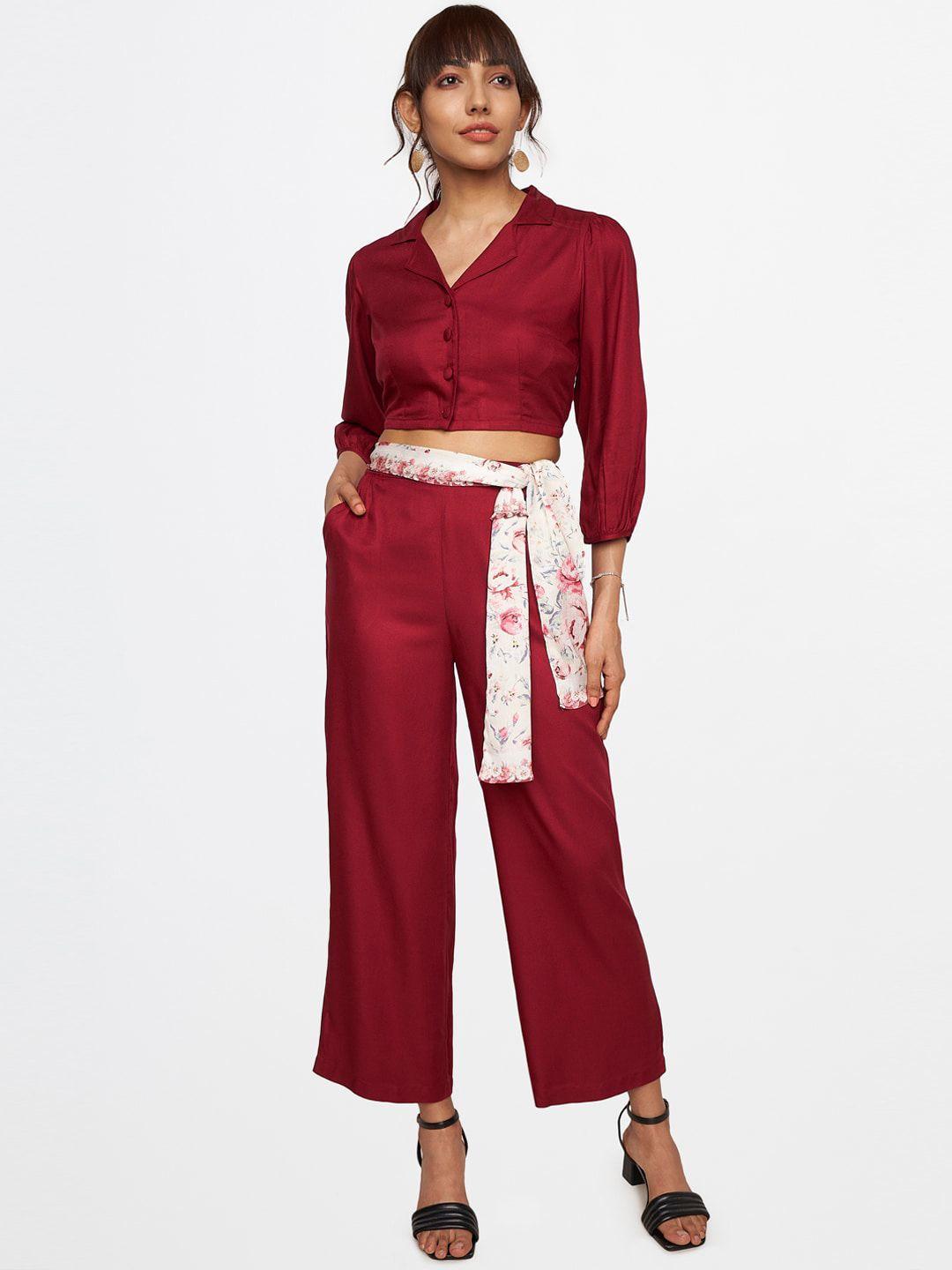and women red solid rayon co-ords set