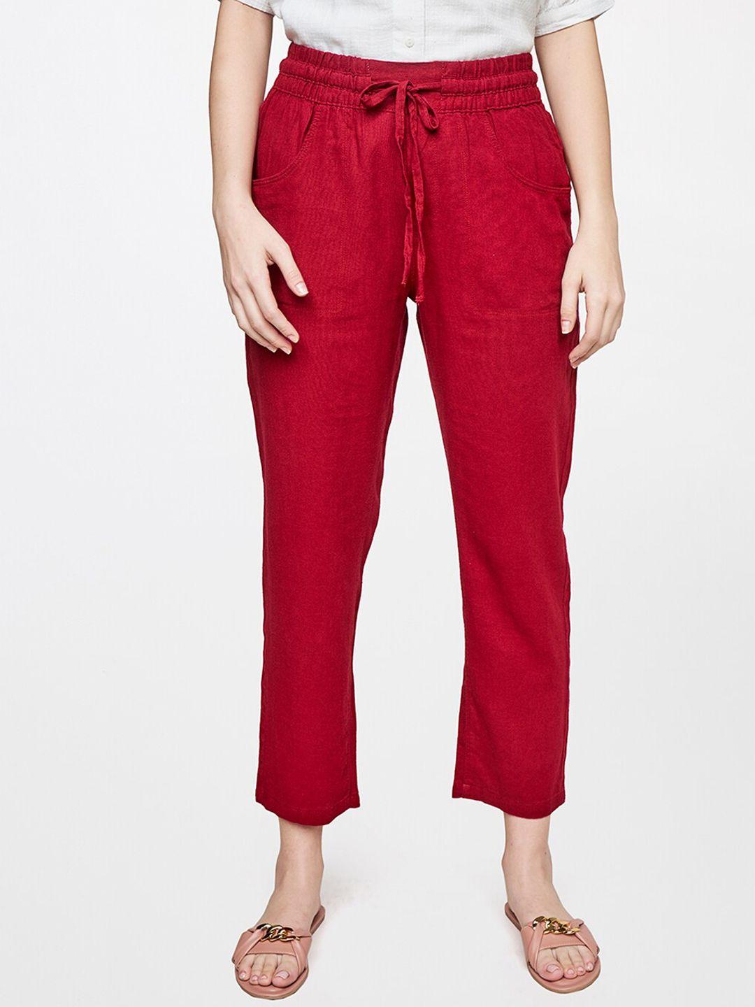 and women red straight fit trousers