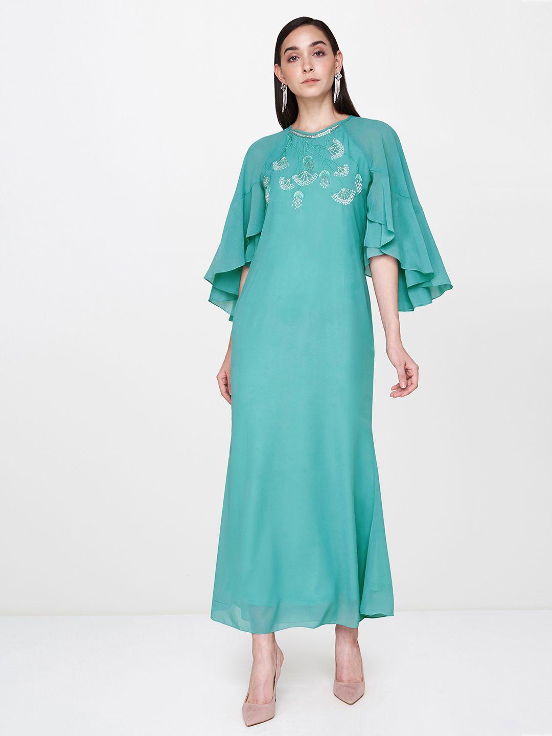 and women sea green embellished flared sleeve maxi dress