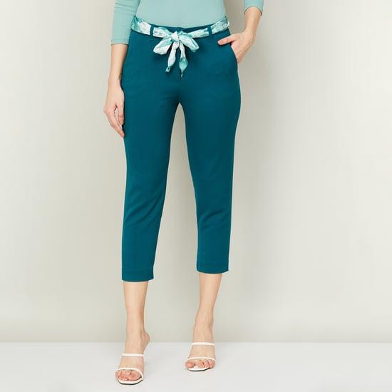 and women solid capri pants with fabric belt