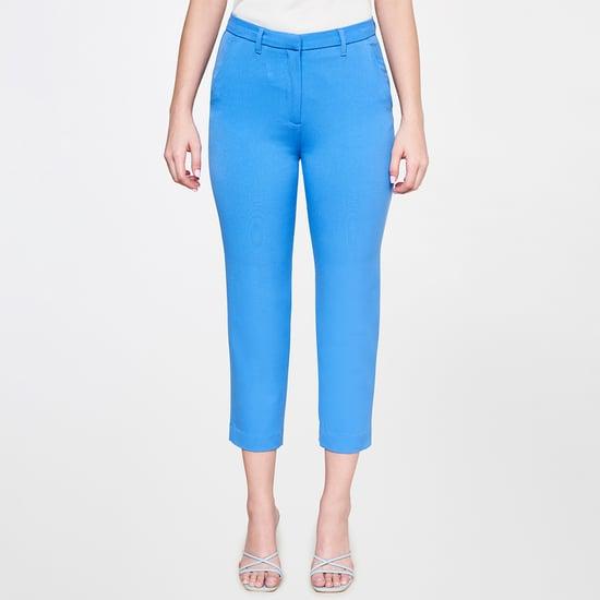and women solid cropped flat front trousers