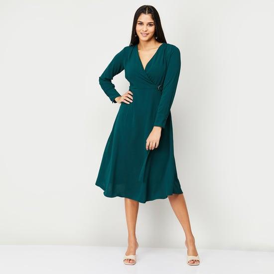 and women solid full sleeves a-line dress
