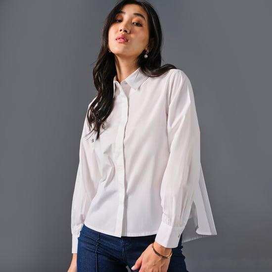 and women solid high-low hem shirt