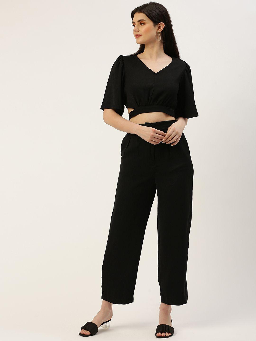 and women solid v neck co-ord set with waist tie up detail