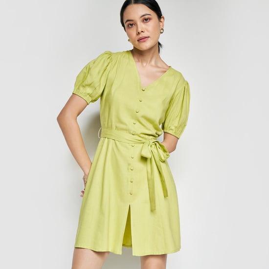 and women solid v-neck puffed sleeves dress