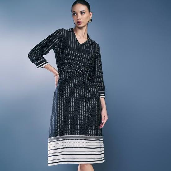 and women striped belted fit & flare dress