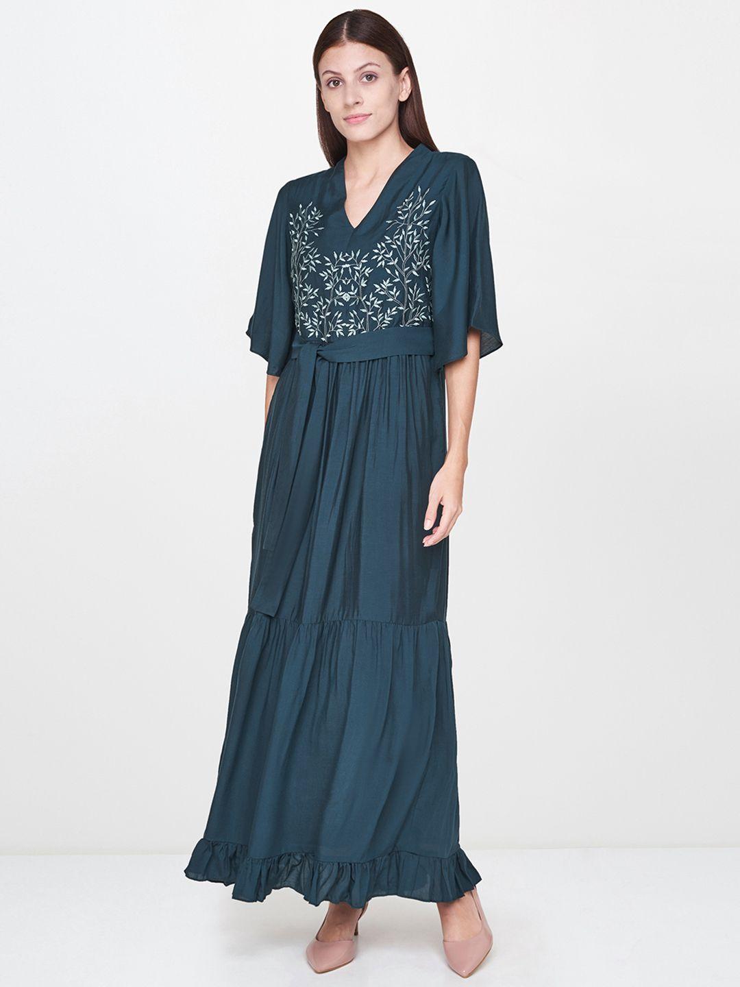 and women teal blue embroidered a-line dress with waist tie-up