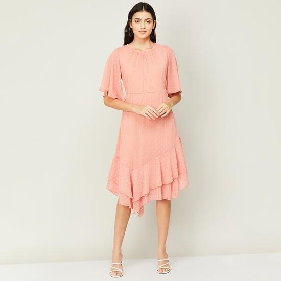 and women textured flutter sleeves asymmetric a-line dress