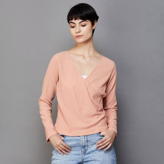 and women textured surplice neck top