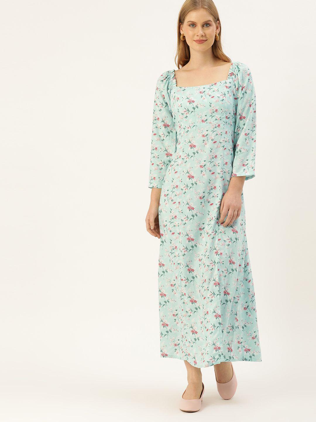 and women turquoise blue & pink floral printed maxi dress