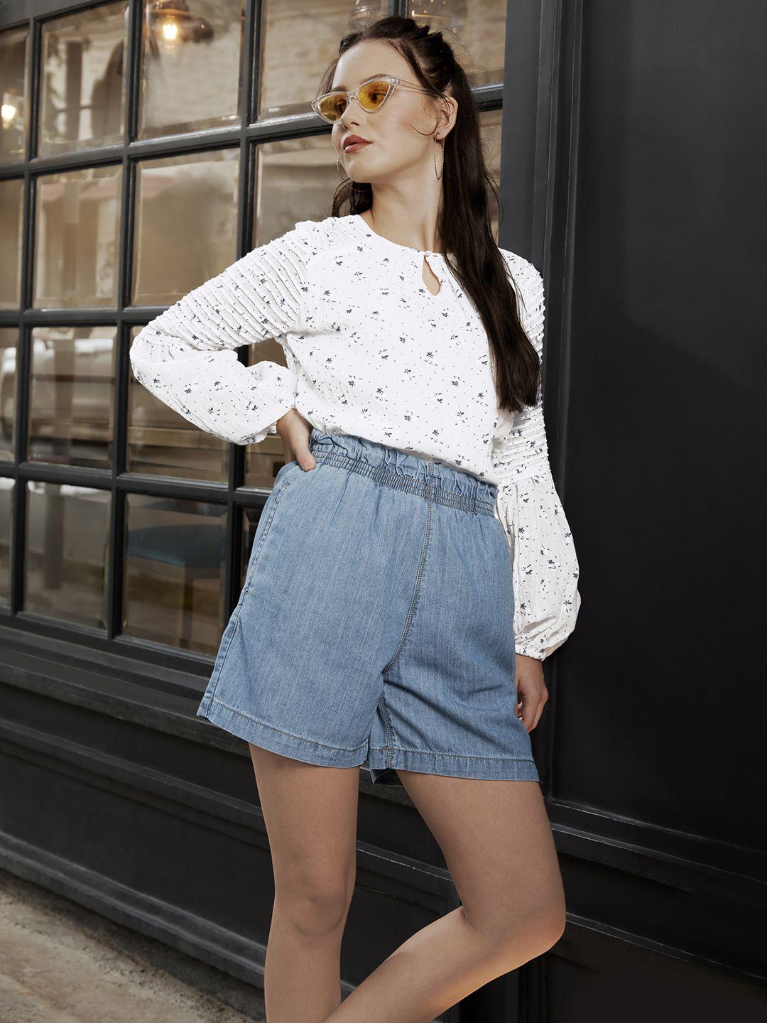 and women white & blue floral printed top with pleated detail