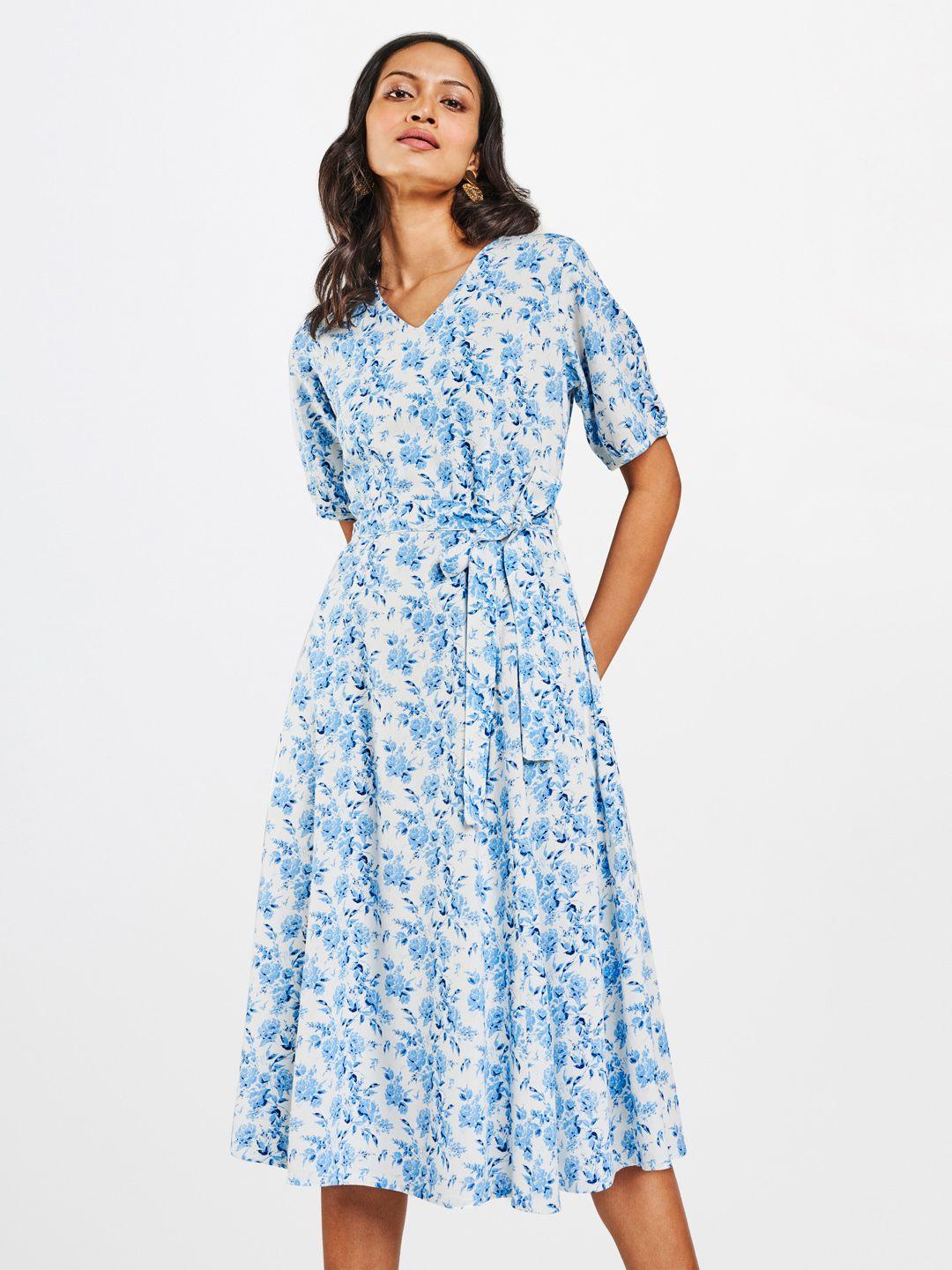 and women white & blue floral printed v neck dress with waist tie up