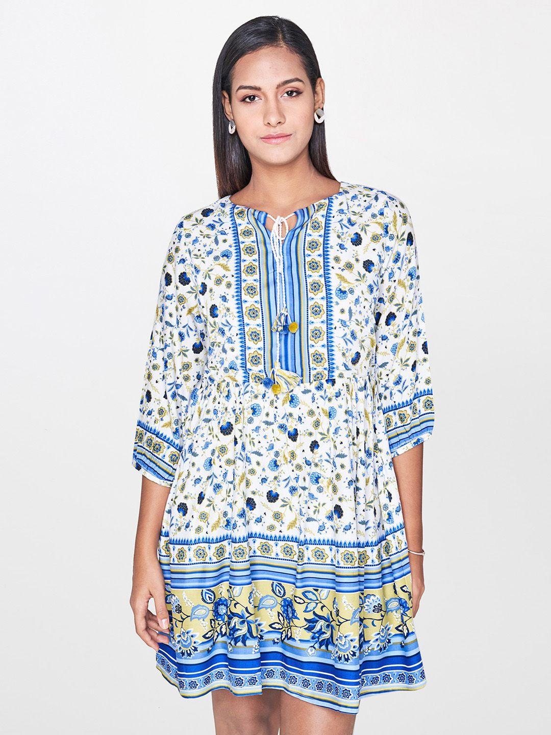 and women white & blue printed fit and flare dress