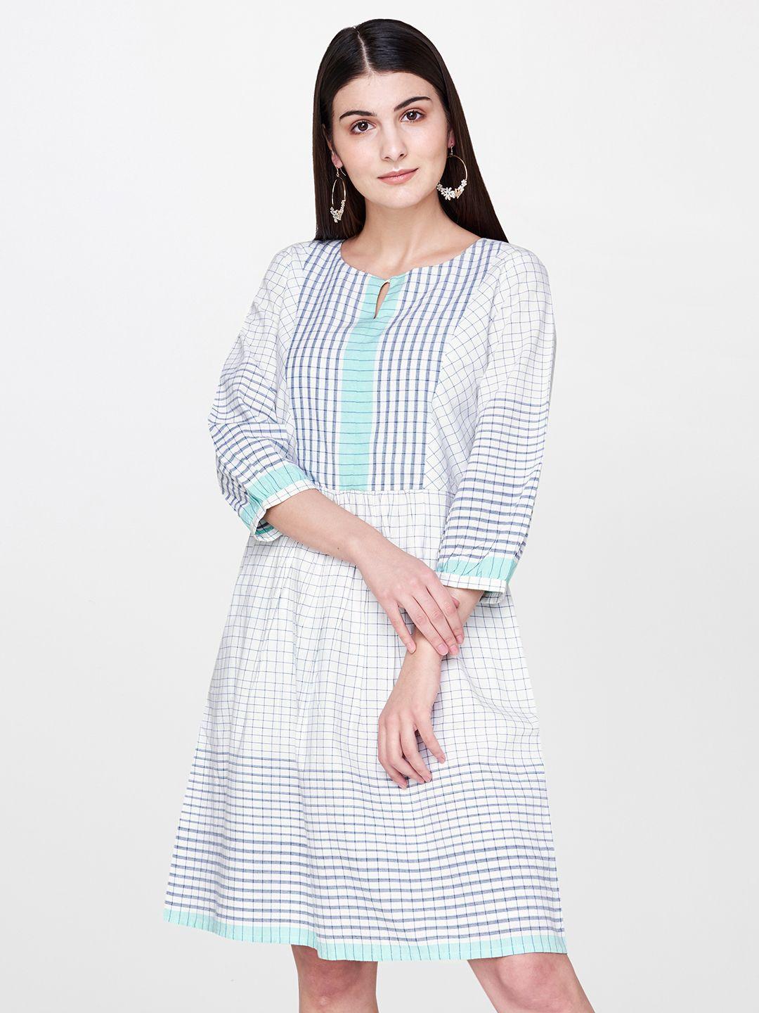 and women white & navy blue checked a-line dress