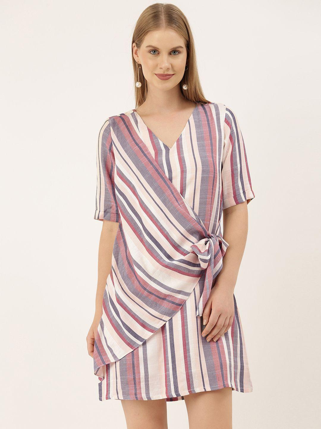 and women white pink & blue striped wrap dress