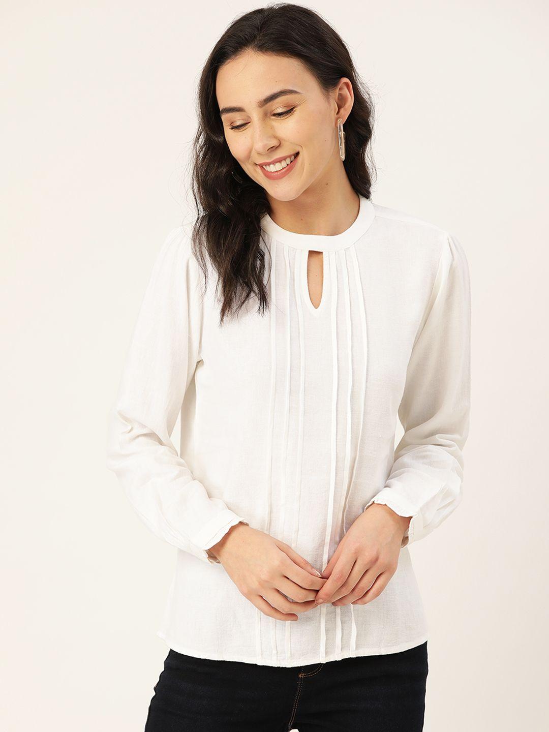 and women white solid keyhole neck pleated top