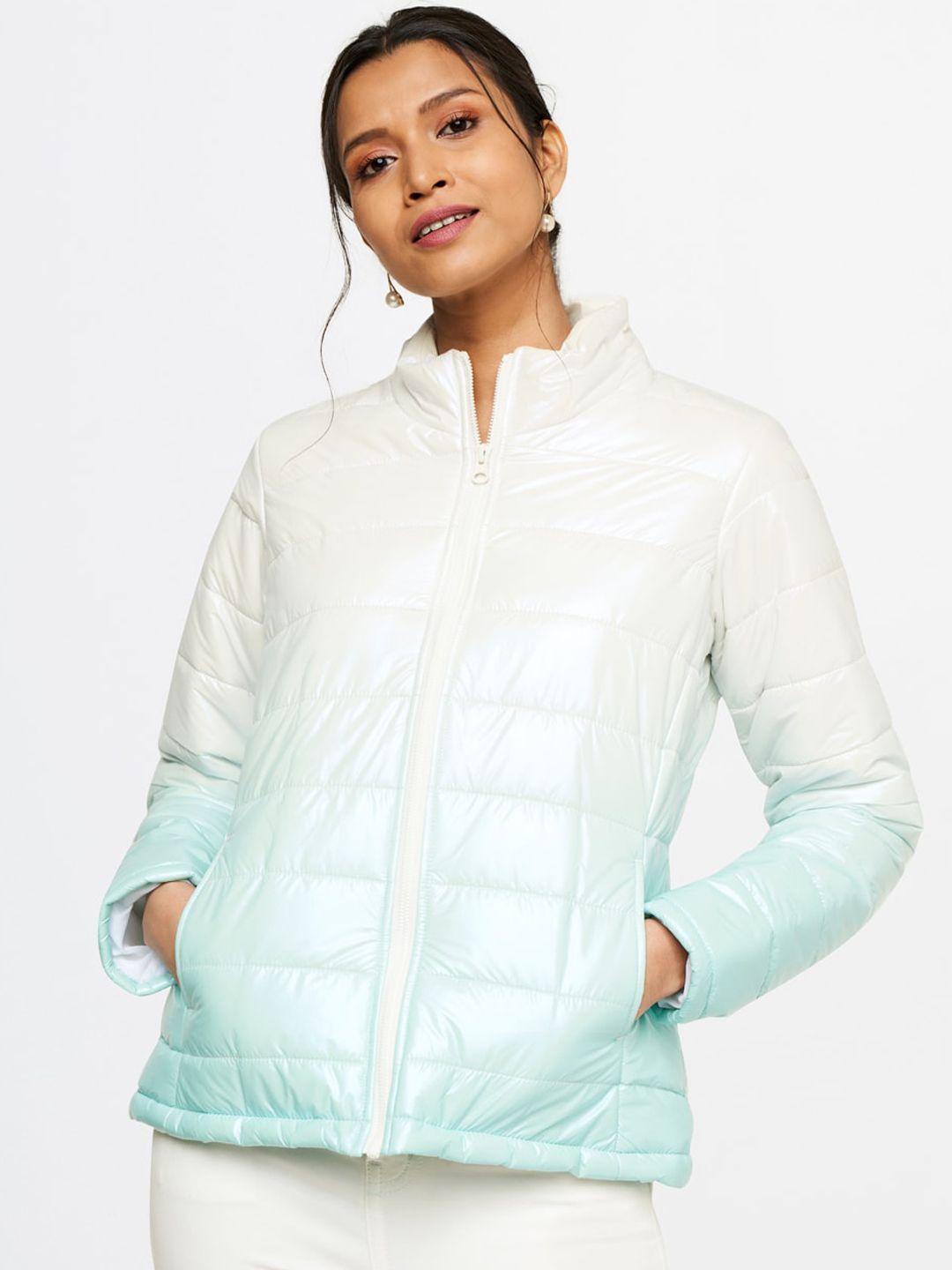 and women white turquoise blue ombre longline puffer jacket