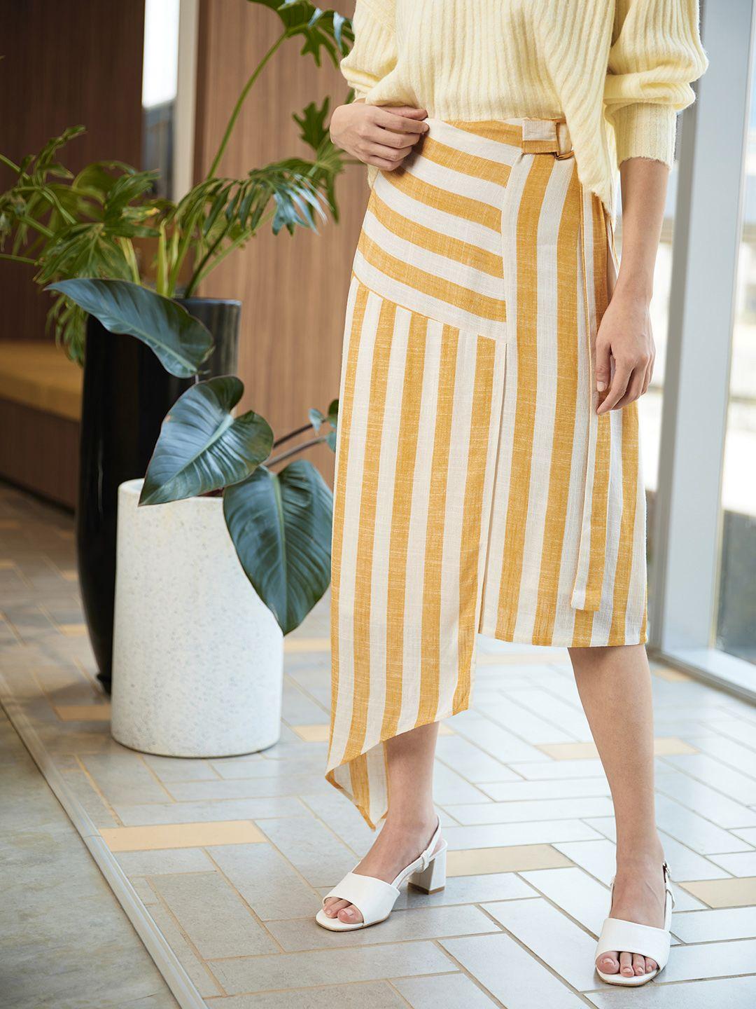 and women yellow & white striped asymmetric a-line skirt