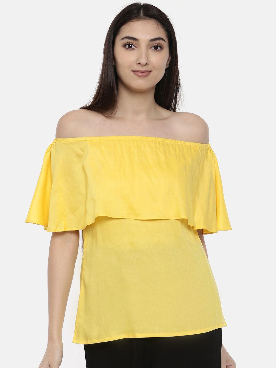 and women yellow solid bardot top