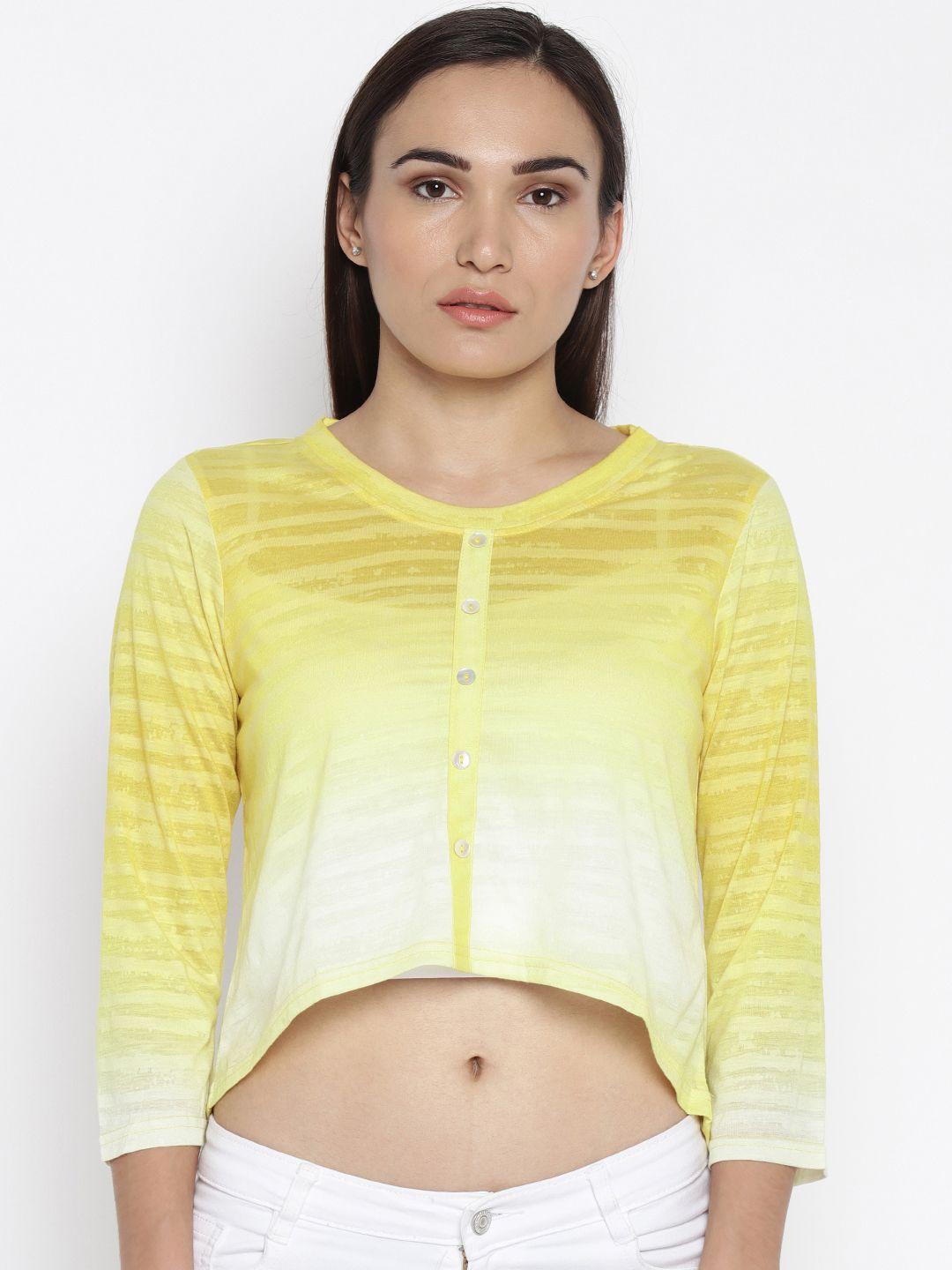 and women yellow striped crop top