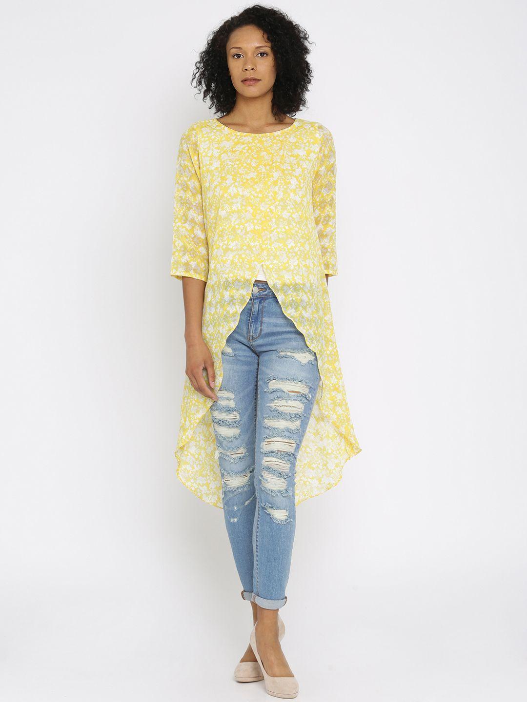 and yellow & white printed high-low tunic