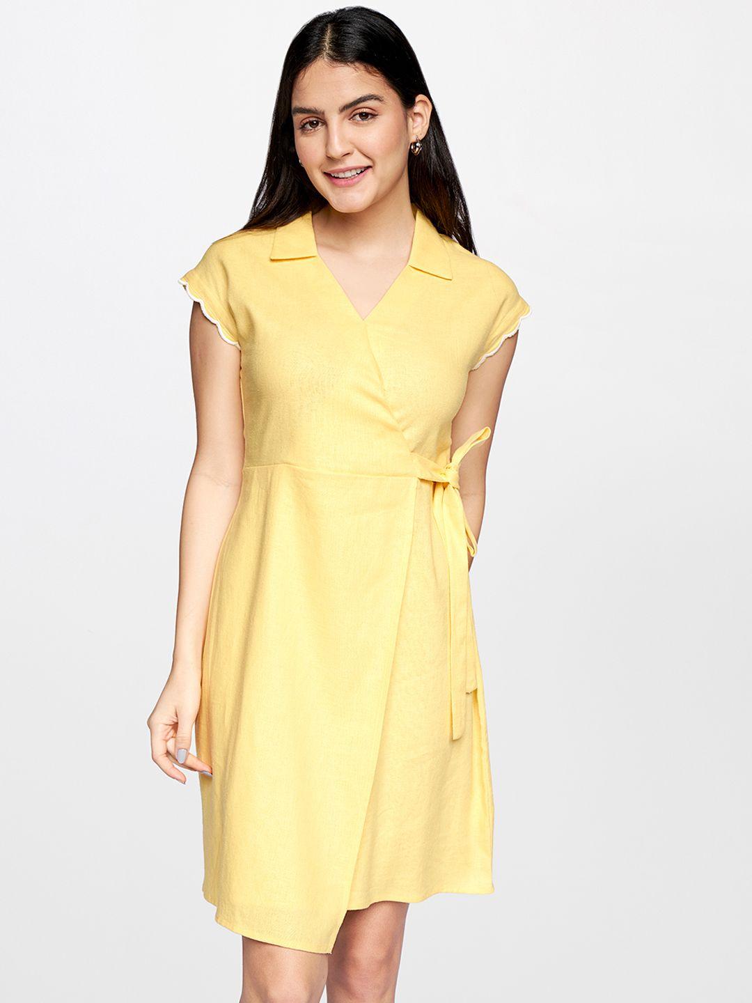 and yellow solid waist tie-ups linen wrap dress