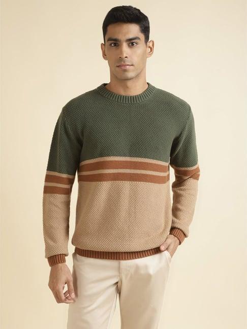 andamen green & brown cotton regular fit colour block sweater