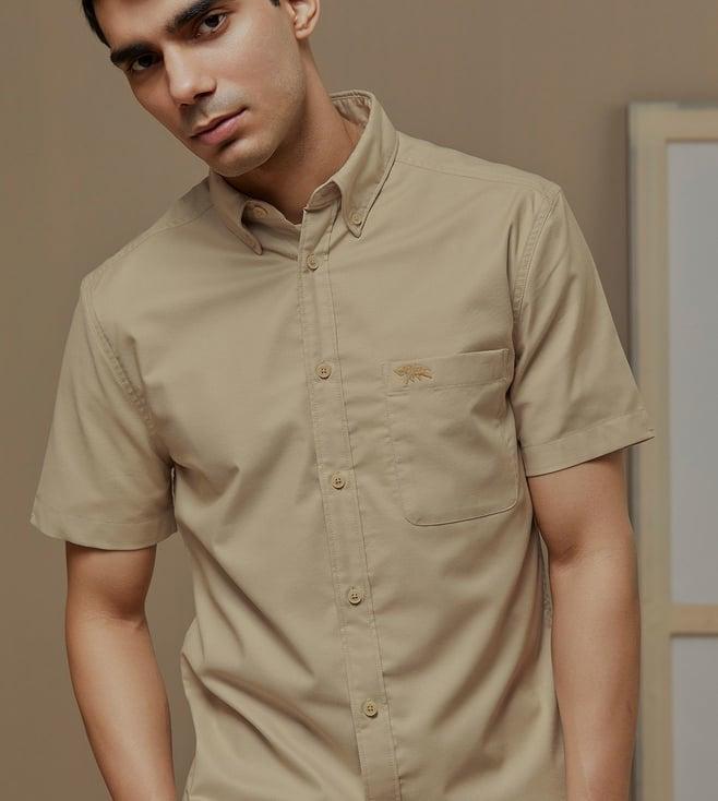 andamen beige oxford half sleeve patch pocket shirt - regular fit