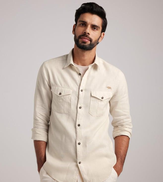 andamen beige rise men's linen chested pocket shirt