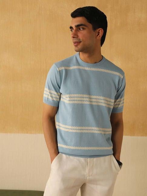 andamen blue cotton regular fit striped t-shirt