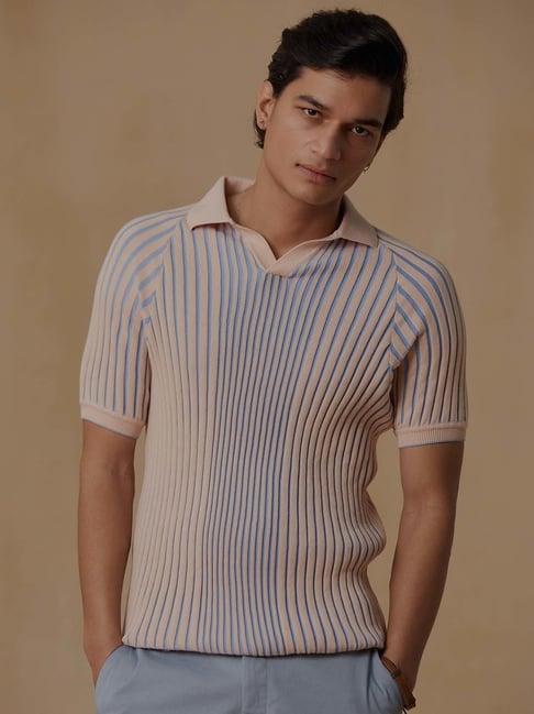 andamen blue regular fit striped cotton polo t-shirt