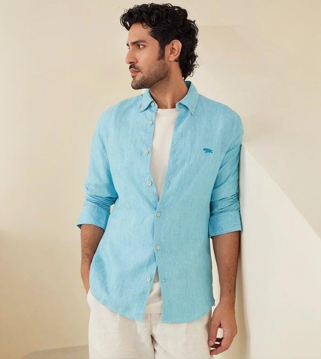 andamen blue rise casual men melange linen slim shirt