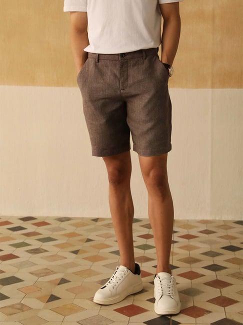 andamen brown linen regular fit texture shorts