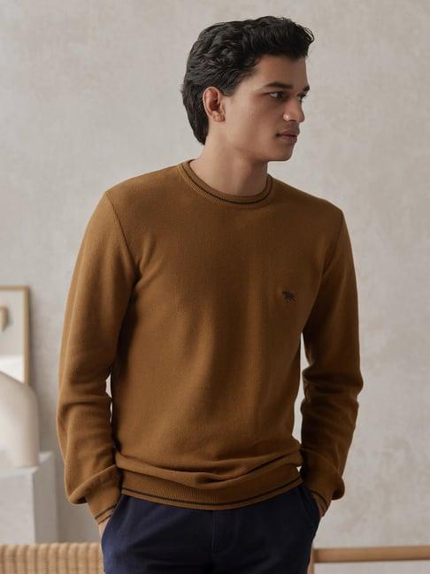 andamen brown regular fit textured cotton sweater