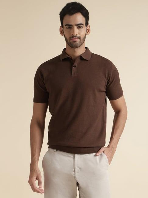 andamen brown regular fit textured polo t-shirt