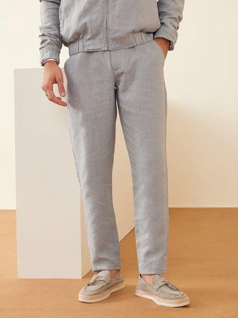 andamen grey 100% linen regular fit solid trousers